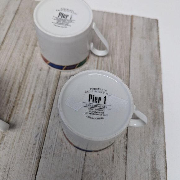 Vintage Pier 1 CELEBRATION Flat Coffee Tea Cups Porcelain Gold Trim Set of 4 - Picture 7 of 8